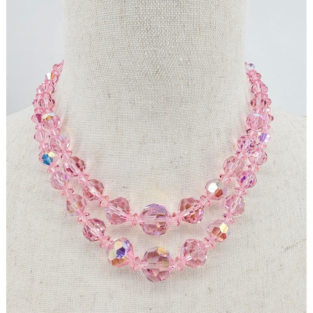 Vtg Pink Aurora Borealis Crystal Bead Double Strand Adjustable Choker Necklace